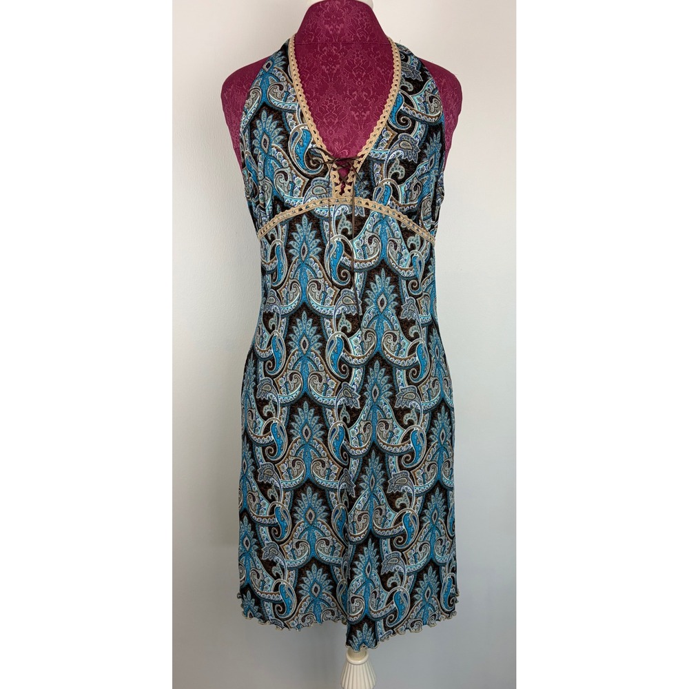 Xhilaration Halter Dress Large Blue Brown Paisley Y2K Boho Lace Up Crochet Mini